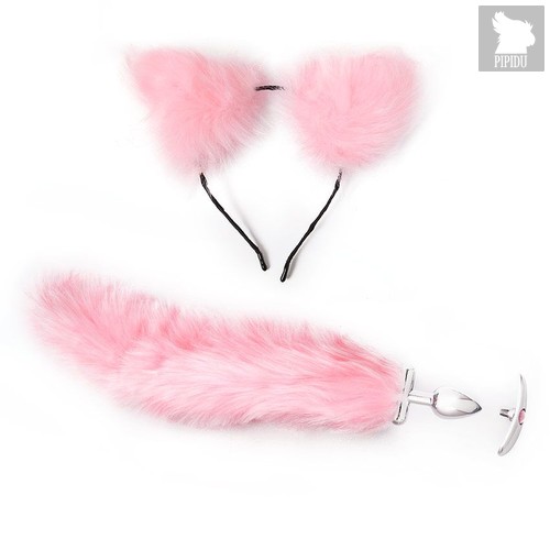 Розовый игровой набор: ободок с ушками и анальная пробка с хвостиком, цвет розовый - Bioritm