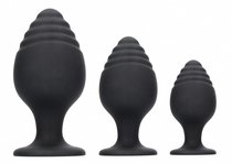 Набор из 3 черных анальных пробок Rippled Butt Plug Set, цвет черный - Shots Media