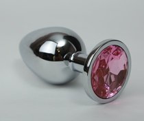 Серебряная металлическая анальная пробка с розовым стразиком - 9,5 см