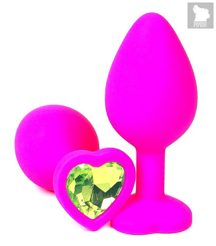 Розовая силиконовая пробка с лаймовым кристаллом-сердцем - 8,5 см., цвет лайм - Vandersex