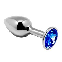 Серебристая анальная втулка с синим кристаллом Mini Metal Butt Plug Size S - 7 см., цвет синий - Adrien Lastic