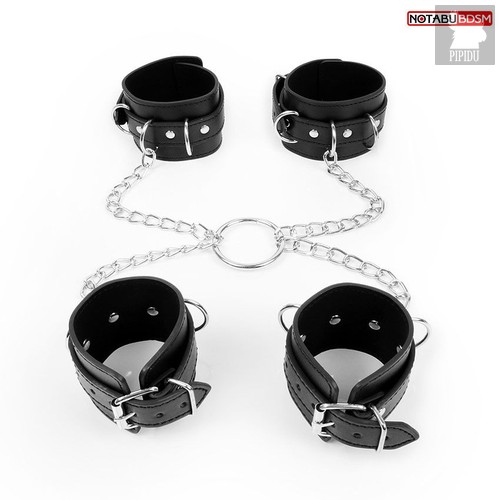 Комплект наручников и оков на металлических креплениях с кольцом, цвет черный - Bioritm