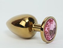 Золотистая металлическая анальная пробка с розовым стразом - 8,2 см