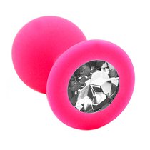 Розовая силиконовая анальная пробка с прозрачным кристаллом - 7 см, цвет розовый/прозрачный - Kanikule