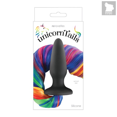 Чёрная анальная пробка с радужным хвостом Unicorn Tails Rainbow, цвет разноцветный - NS Novelties