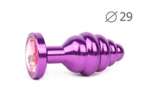 Коническая ребристая фиолетовая анальная втулка с розовым кристаллом - 7,1 см., цвет розовый - anal jewelry plug