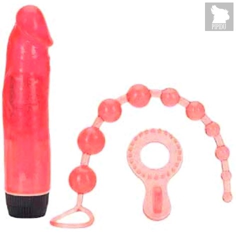 Набор розовых гелевых стимуляторов: вибратор, анальные шарики, кольцо - Seven Creations