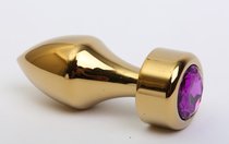 Золотистая анальная пробка с широким основанием и фиолетовым кристаллом - 7,8 см - 4sexdreaM