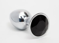 Серебристая анальная пробка с черным кристаллом - 8,2 см, цвет черный - 4sexdreaM