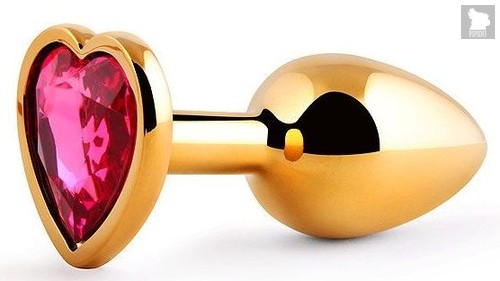 Золотистая анальная пробка с малиновым кристаллом-сердечком - 7 см., цвет малиновый - anal jewelry plug