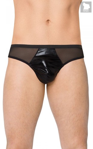 Мужские трусы-стринги из сетки и материала wet-look, цвет черный, XL - SoftLine Collection (SLC)