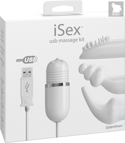 Набор iSex - USB Massage Kit: вибратор с набором насадок перезаряжаемый, цвет белый - Pipedream