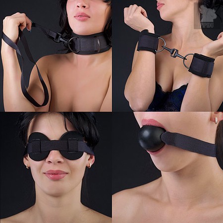 Чёрный комплект для БДСМ-игр: наручники, кляп-шарик, маска, ошейник, цвет черный - Sitabella (СК-Визит)