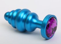 Синяя ребристая анальная пробка с фиолетовым кристаллом - 7,3 см