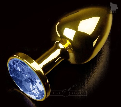 Золотистая анальная втулка с синим стразом - 7 см., цвет синий - Пикантные штучки