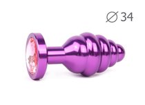 Коническая ребристая фиолетовая анальная втулка с розовым кристаллом - 8 см., цвет розовый - anal jewelry plug