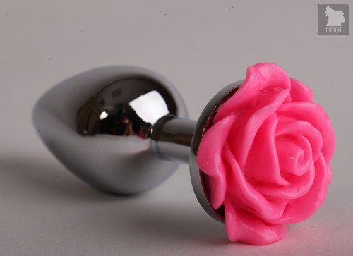 Серебристая анальная пробка с розовой розочкой - 8 см, цвет серебряный - 4sexdreaM