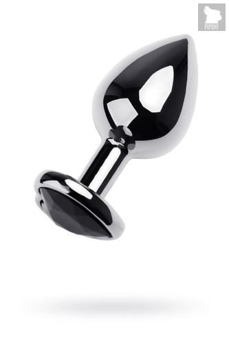 Серебристая анальная пробка с чёрным стразом-сердцем - 9,5 см, цвет черный - Toyfa