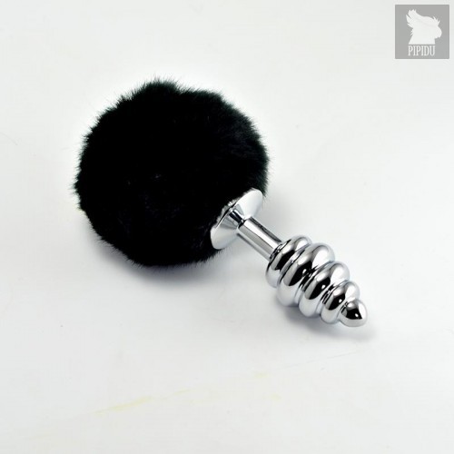 LOVETOY Tail Rabbit Spiral Серебряная пробка с черным хвостиком, l=6,8 см, d=2,8 см - LoveToy