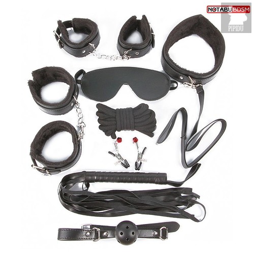 Большой игровой набор БДСМ: наручники, оковы, маска, кляп, плеть, ошейник с поводком, верёвка, зажимы для сосков, цвет черный - Bioritm