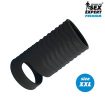 Черная открытая насадка на пенис с кольцом для мошонки XXL-size - 9,4 см., цвет черный - Sex expert