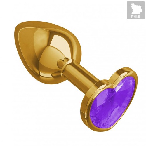 Золотистая анальная пробка с кристаллом-сердцем - 7 см, цвет золотой/фиолетовый - МиФ