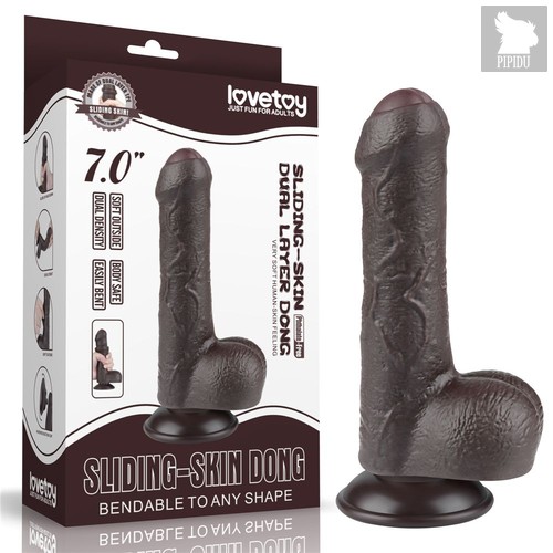 Коричневый фаллоимитатор 7 Sliding Skin Dual Layer Dong на присоске - 18,3 см., цвет коричневый - LoveToy