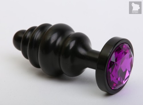 Чёрная ребристая анальная пробка с фиолетовым кристаллом - 7,3 см, цвет черный - 4sexdreaM