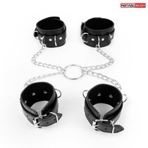 Комплект наручников и оков на металлических креплениях с кольцом, цвет черный - Bioritm
