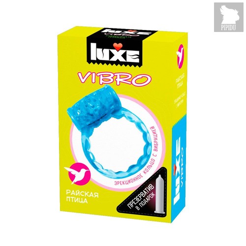 Голубое эрекционное виброкольцо Luxe VIBRO "Райская птица" + презерватив, цвет голубой - LuxeLuv