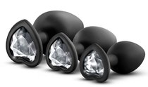 Набор из 3 черных пробок с прозрачным кристаллом-сердечком Bling Plugs Training Kit, цвет черный - Blush Novelties