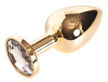 Золотистая маленькая анальная пробка с прозрачным кристаллом - 6 см, цвет прозрачный - Toyfa