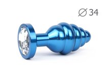 Коническая ребристая синяя анальная втулка с прозрачным кристаллом - 8 см., цвет прозрачный - anal jewelry plug