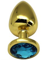 Золотистая анальная пробка с голубым кристаллом - 9 см., цвет голубой - Eroticon