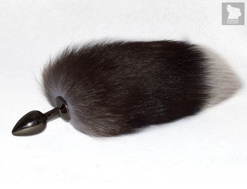 Хромированная анальная пробка с хвостиком из чернобурки, цвет черный - Sitabella