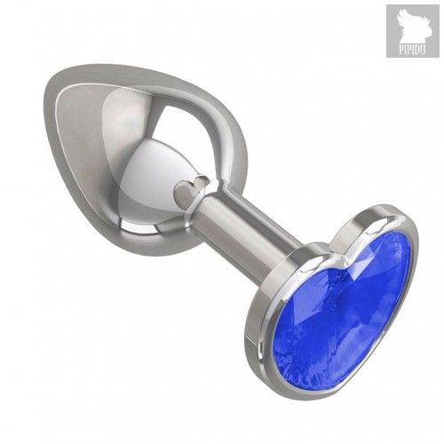 Серебристая анальная пробка с синим кристаллом-сердцем - 7 см, цвет серебряный/синий - МиФ