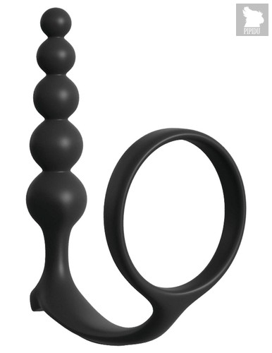 Черная анальная цепочка с эрекционным кольцом Ass-gasm Cockring Anal Beads, цвет черный - Pipedream