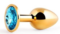 Золотистая анальная пробка с голубым стразом - 7,2 см., цвет голубой - anal jewelry plug