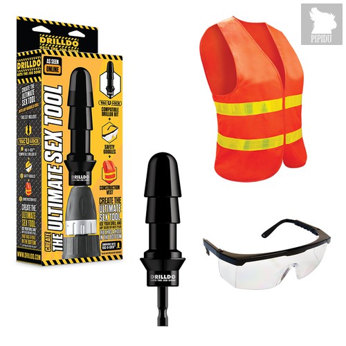 Комплект для секс-дрели DRILLDO - бит-адаптер, очки, жилет - Drilldo