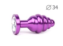 Коническая ребристая фиолетовая анальная втулка с прозрачным кристаллом - 8 см., цвет прозрачный - anal jewelry plug