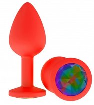 Красная анальная втулка с разноцветным кристаллом - 7,3 см., цвет разноцветный - МиФ