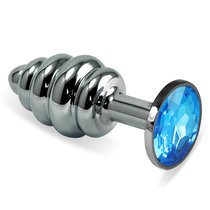 Серебристая ребристая анальная пробка с голубым кристаллом - 7,6 см - LoveToy