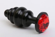 Чёрная ребристая анальная пробка с красным кристаллом - 7,3 см