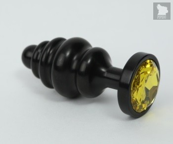 Чёрная ребристая анальная пробка с жёлтым кристаллом - 7,3 см, цвет черный - 4sexdreaM