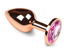 Маленькая золотистая анальная пробка с розовым кристаллом - 6 см., цвет розовый - Пикантные штучки