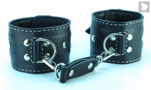 Чёрные кожаные наручники с крупной строчкой, цвет черный - БДСМ арсенал
