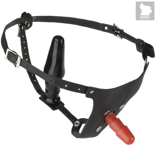 Комплект Vac-U-Lock Set - Leather Ultra Harness: трусики с насадкой, анальная пробка, цвет телесный - Doc Johnson