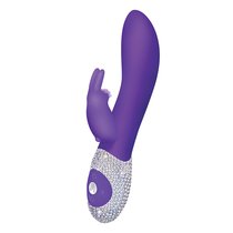 Фиолетовый вибромассажёр с клиторальным отростком и отделанной стразами рукоятью The Classic Rabbit - 22 см, цвет фиолетовый - The Rabbit Company