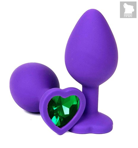 Фиолетовая силиконовая анальная пробка с зеленым стразом-сердцем - 8,5 см., цвет зеленый - Vandersex