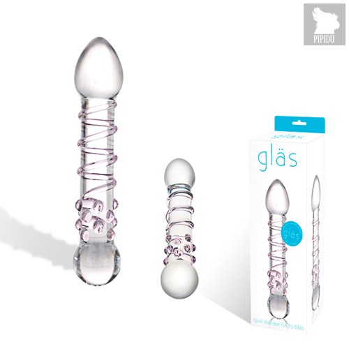 Прозрачный стеклянный фаллос с розовой спиралькой и массажными пупырышками - 18 см, цвет прозрачный - Gläs